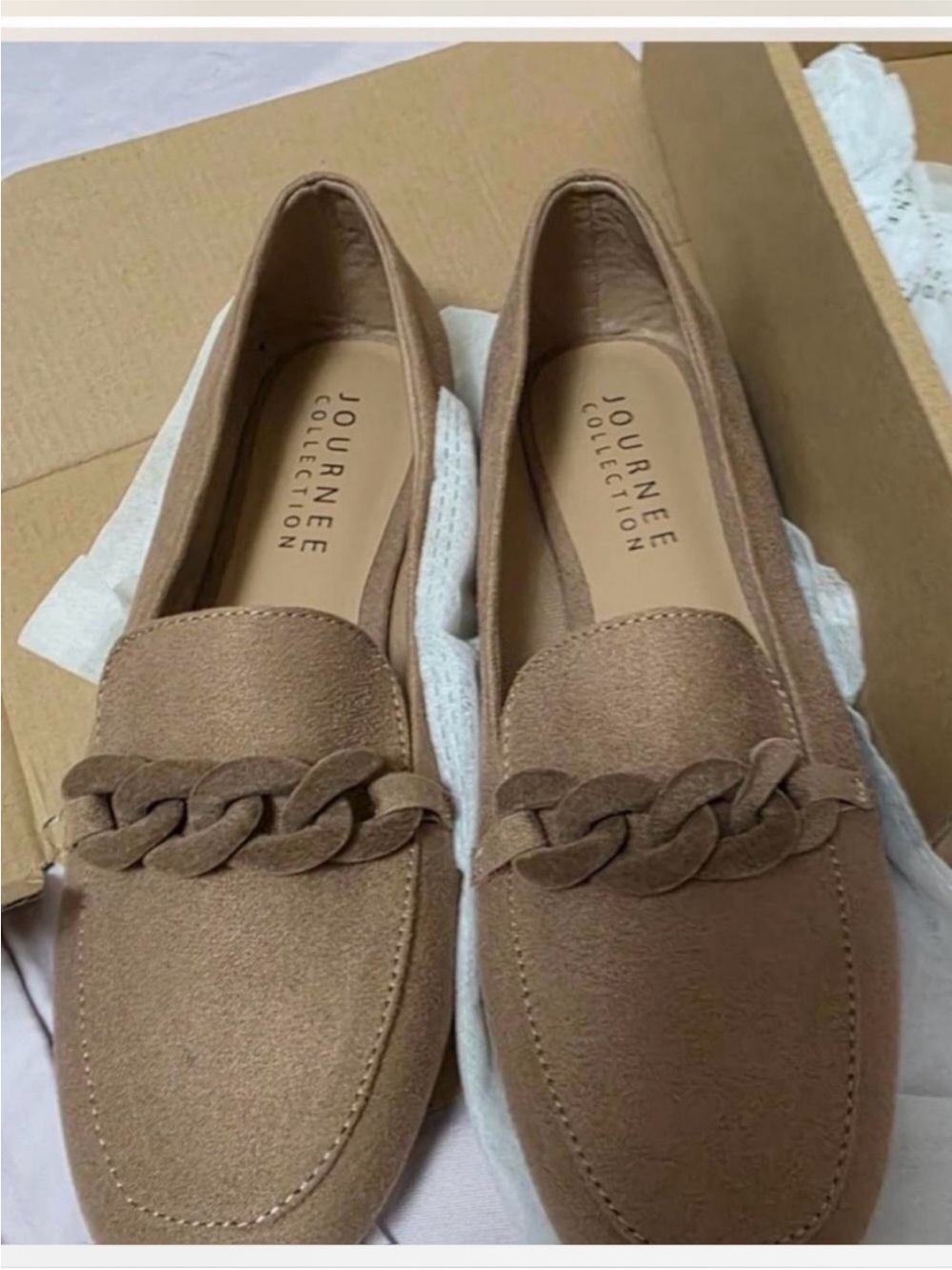 New ~ Journee Collection Taupe Suede-Look Loafers with Chain Trim ~ Size 10